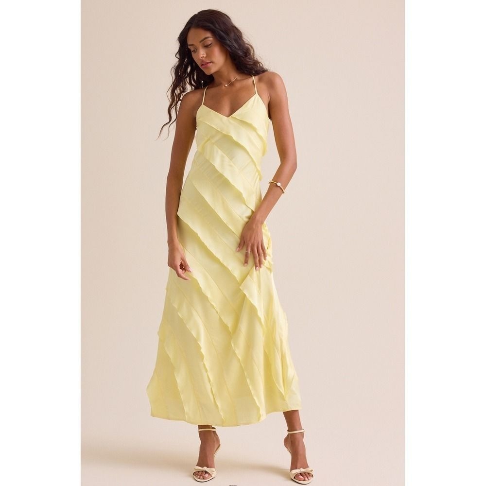 Altar'd State Yellow Tiered Ruffle Maxi Dress V-Neck Spaghetti Strap Gown Size M